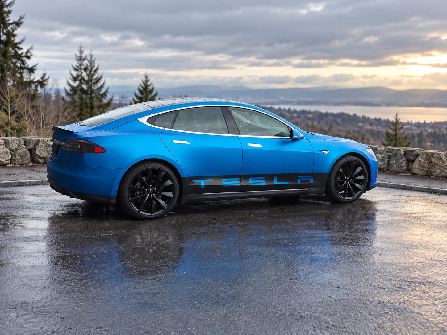 AI-generated view of a 2013 Tesla Model S Signature with Tesla OEM N/A wheels