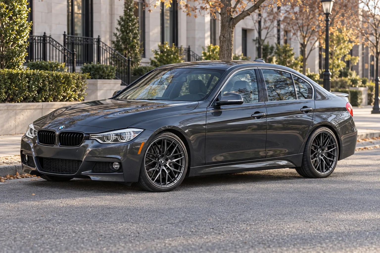 AI-generated view of a 2014 BMW 335i xDrive with Vorsteiner VFF-107 wheels