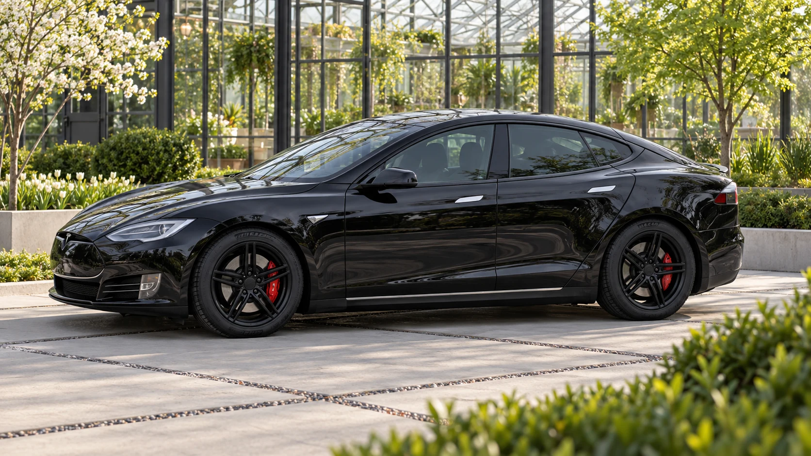 AI-generated view of a 2014 Tesla Model S P85D with Drag DR-73 wheels