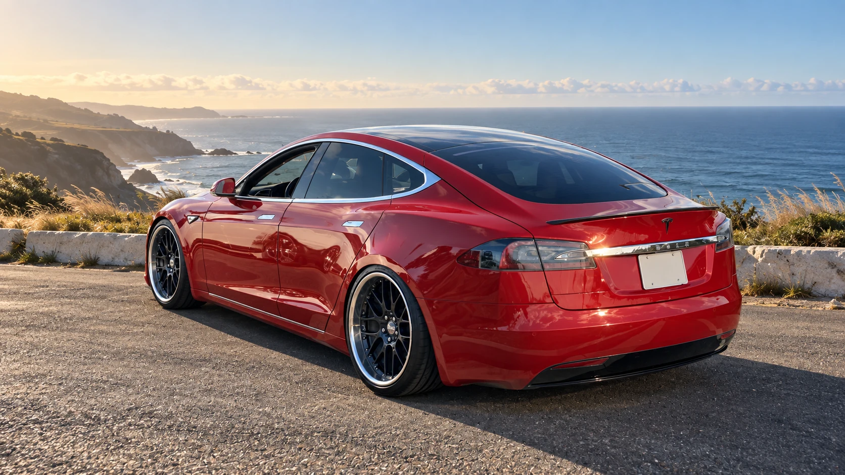 AI-generated view of a 2016 Tesla Model S P90D Ludicrous with BBS RX-II wheels