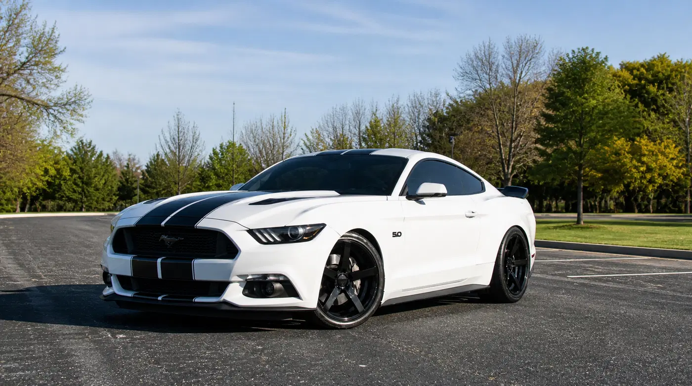 AI-generated view of a 2017 Ford Mustang GT with Rovos Durban wheels