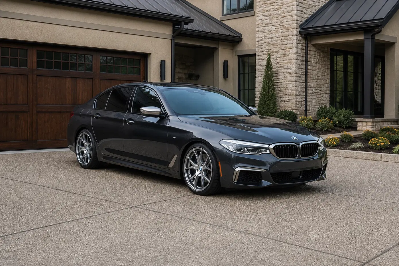 AI-generated view of a 2018 BMW M550 with Rohana RFX5 wheels