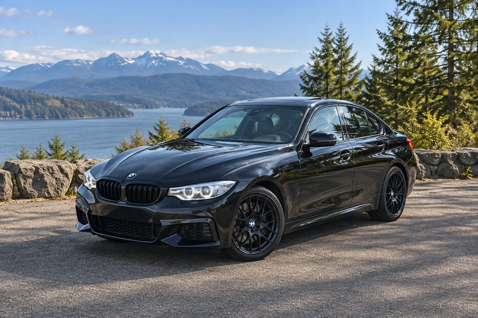 AI-generated view of a 2020 BMW M340i xDrive with Enkei Raijin wheels