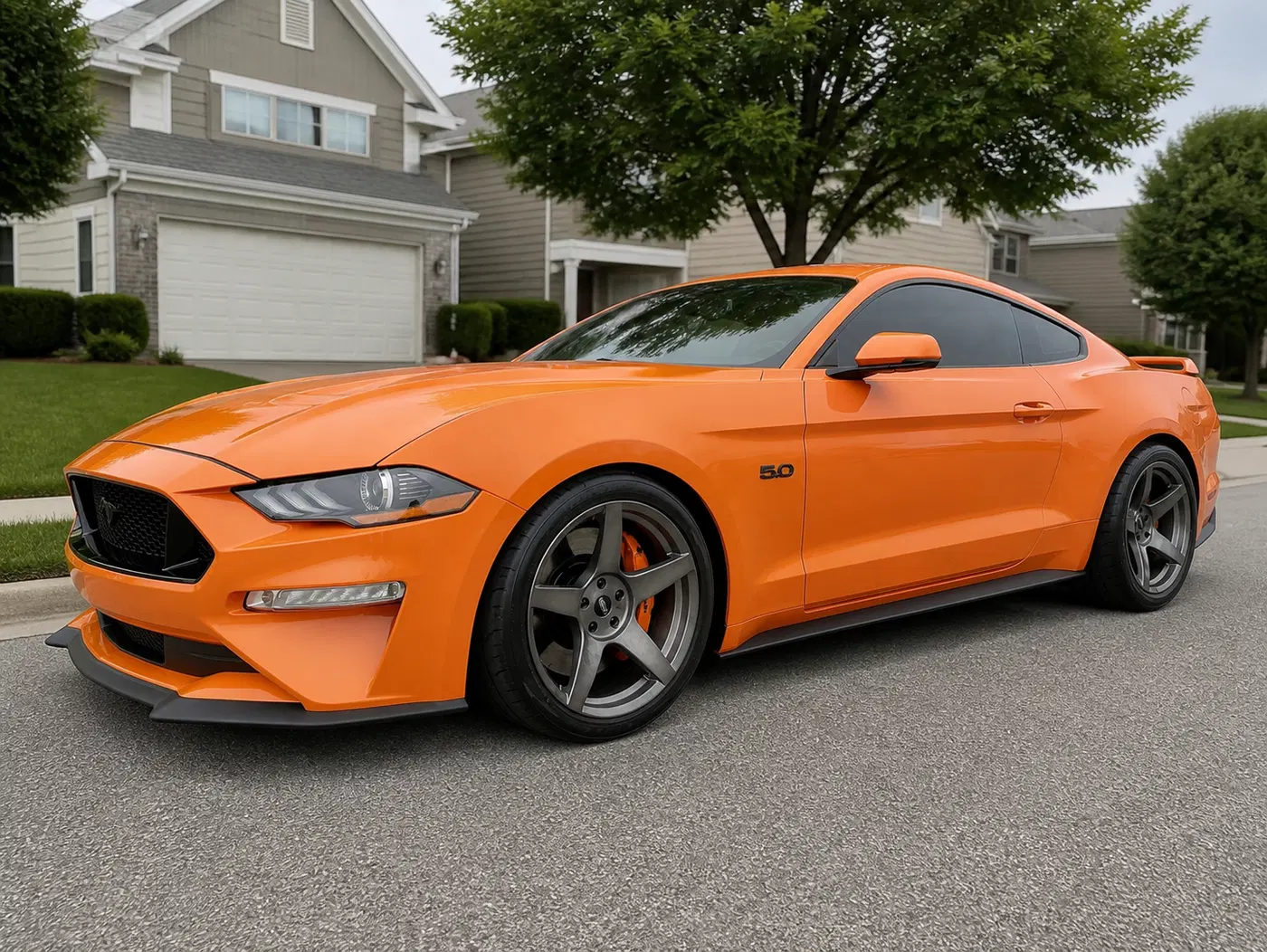 AI-generated view of a 2020 Ford Mustang GT with 6GR Fives wheels