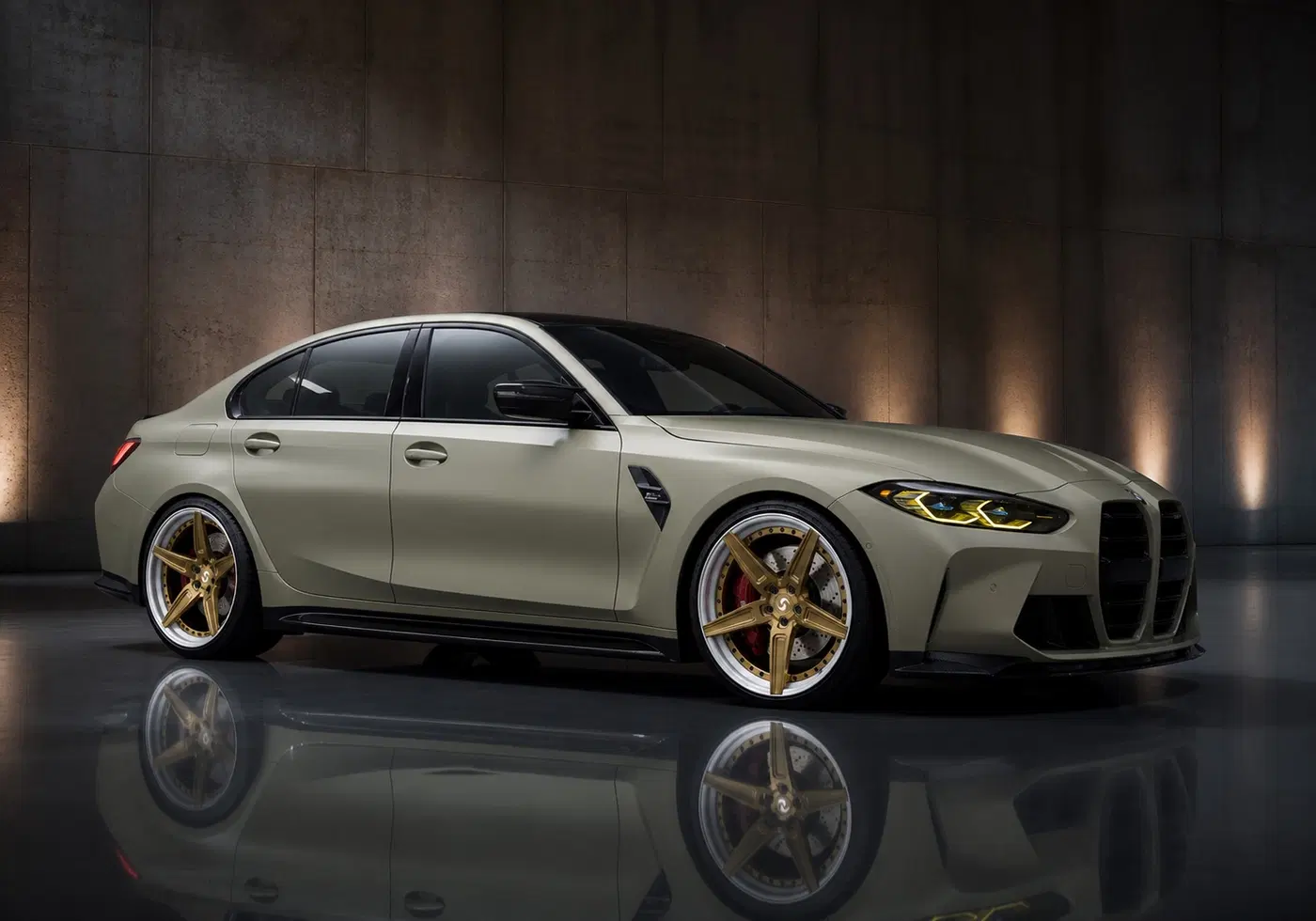 AI-generated view of a 2021 BMW M3 Competition with Signature SV306S wheels