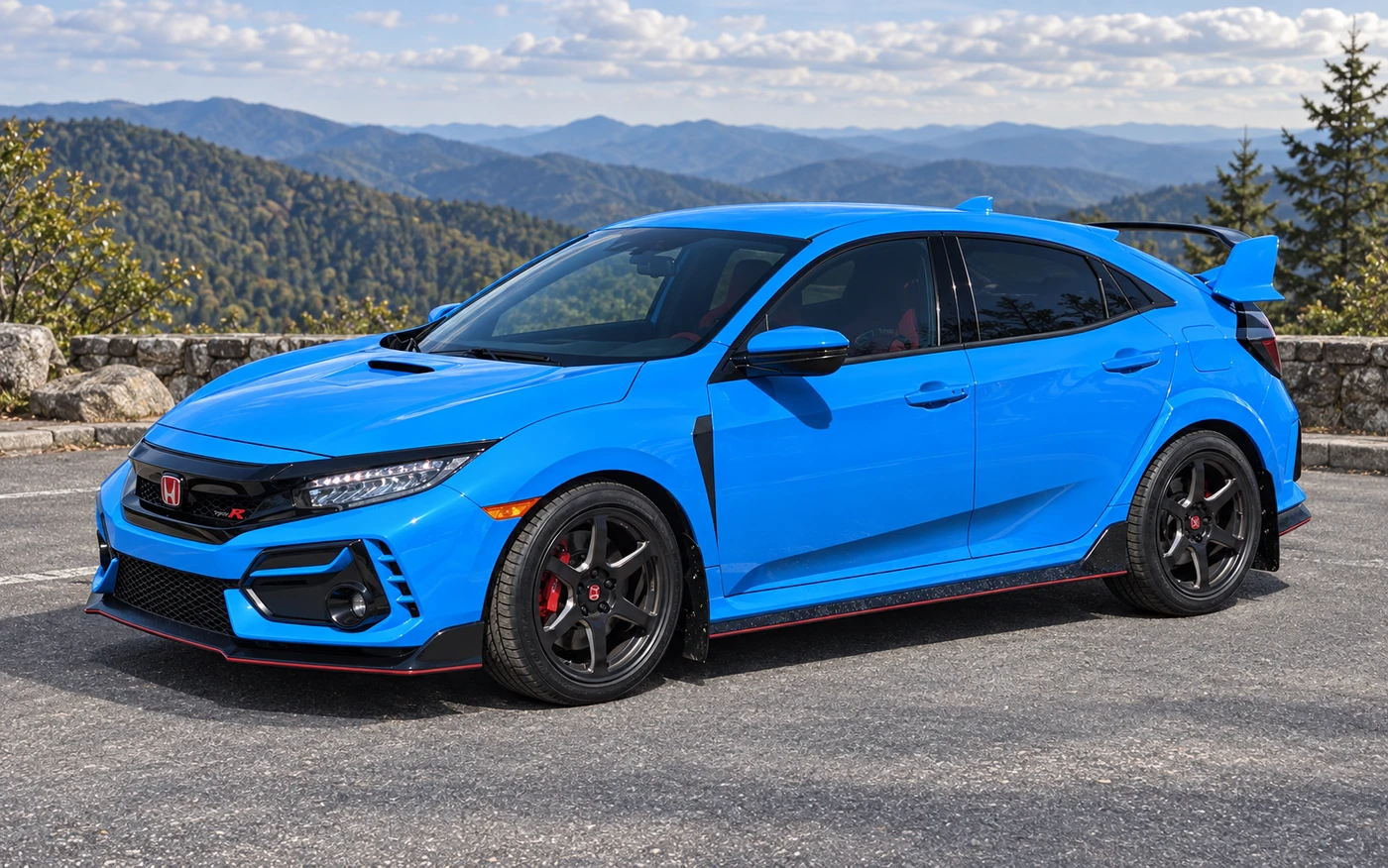 AI-generated view of a 2021 Honda Civic Type R with Titan7 T-D6 wheels