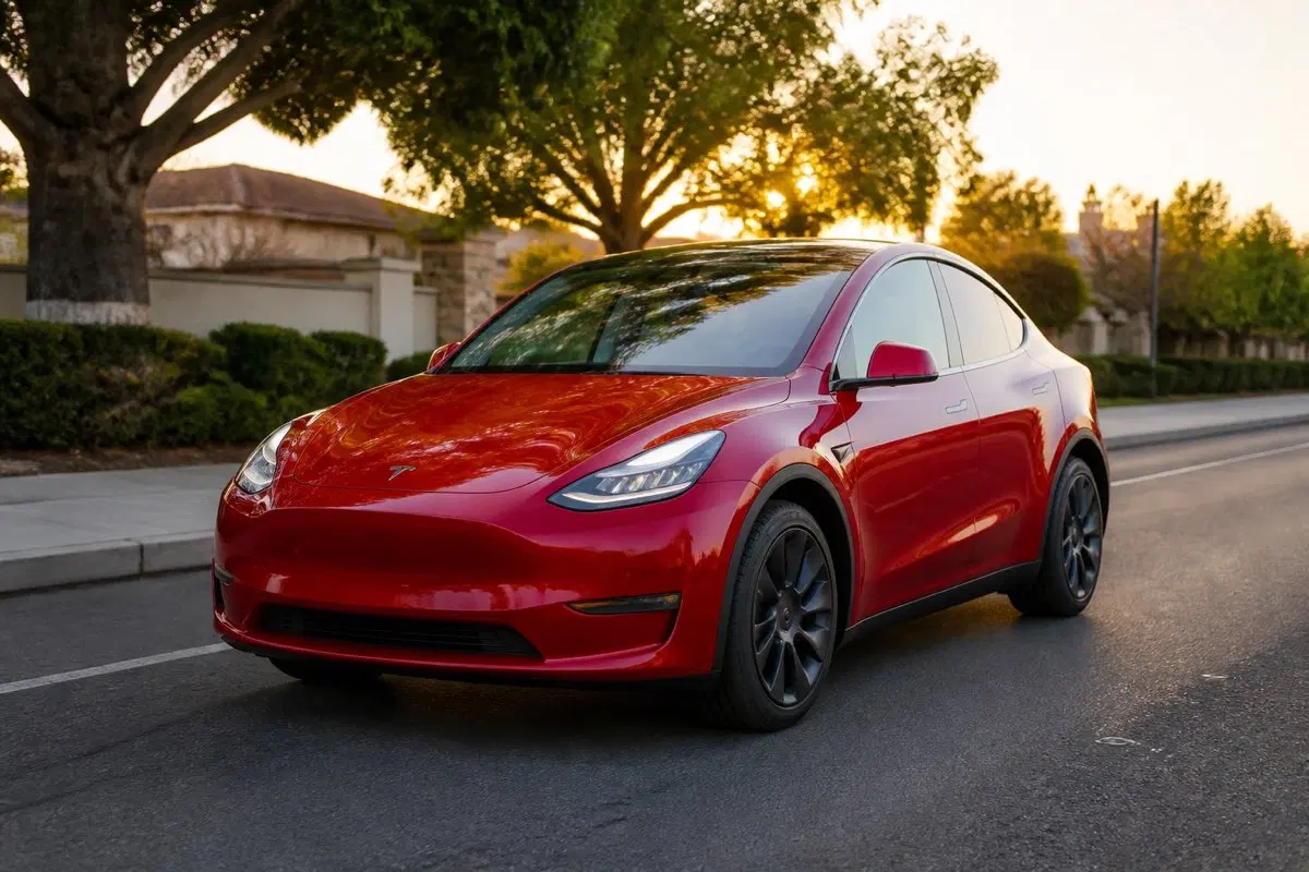 AI-generated view of a 2021 Tesla Model Y Long Range AWD with Tesla Model 3 Performance Uberturbine wheels