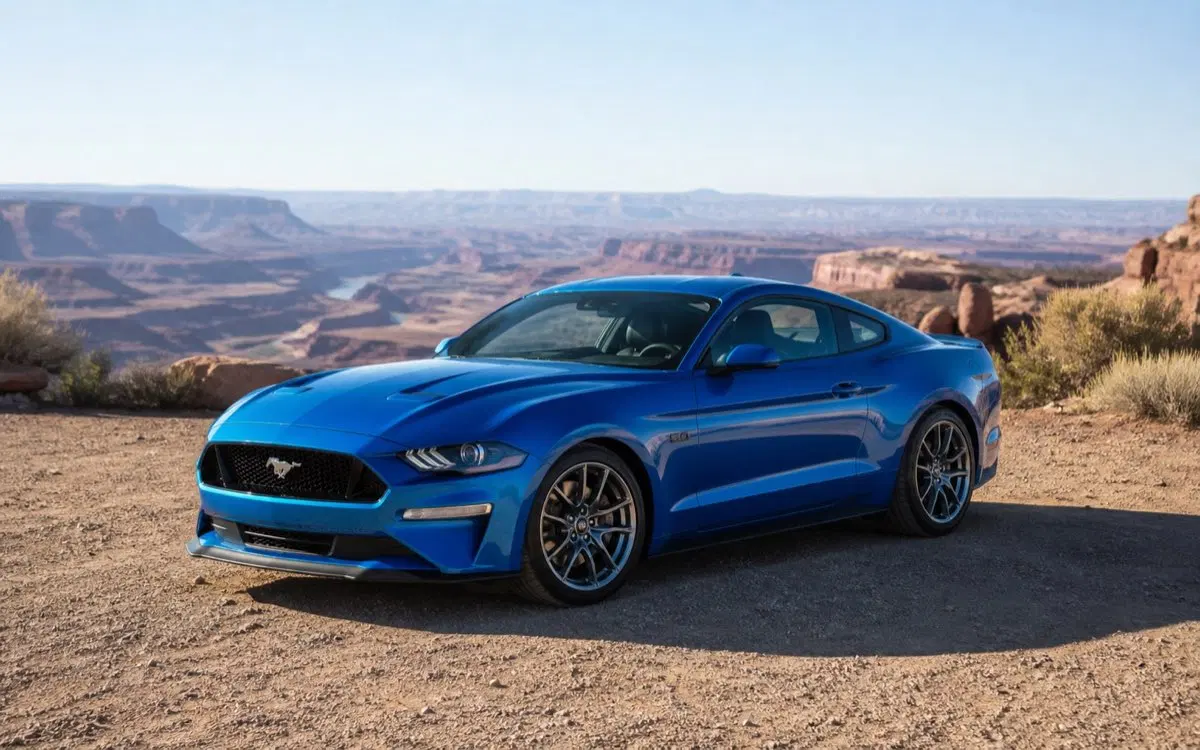 AI-generated view of a 2022 Ford Mustang with APEX EC-7 wheels