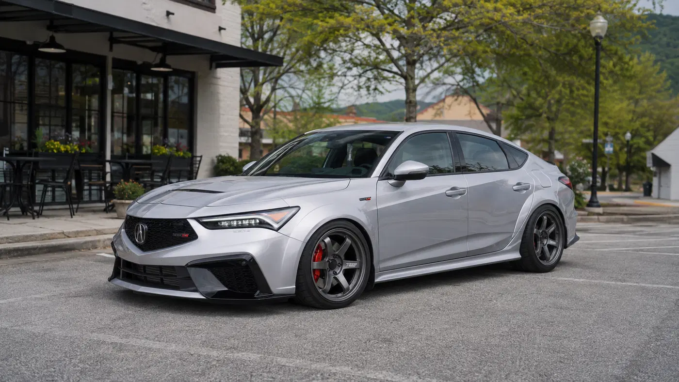 AI-generated view of a 2024 Acura Integra Type S with Volk Racing TE37 SL wheels