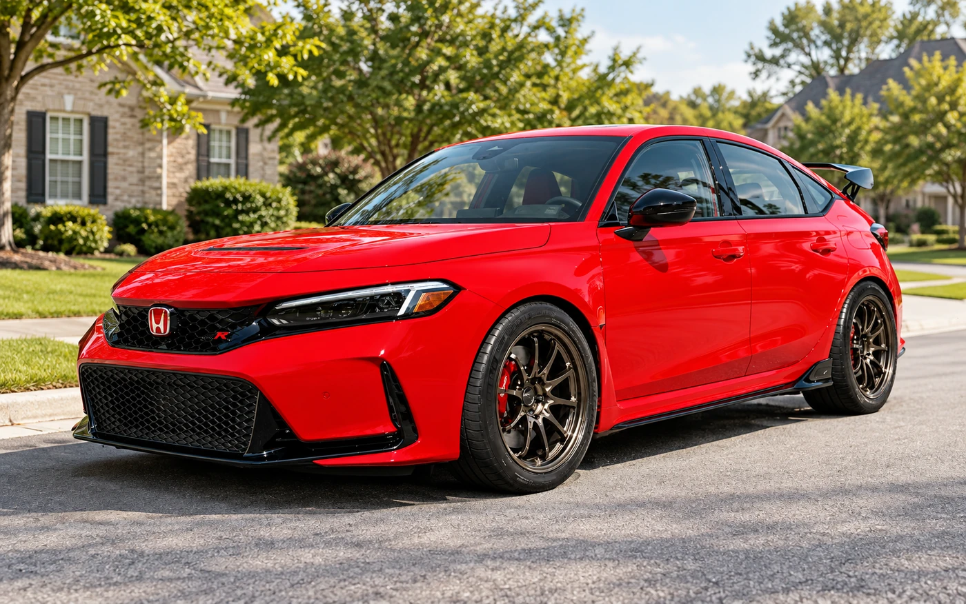 AI-generated view of a 2024 Honda Civic Type R with Volk Racing CE28N Plus wheels