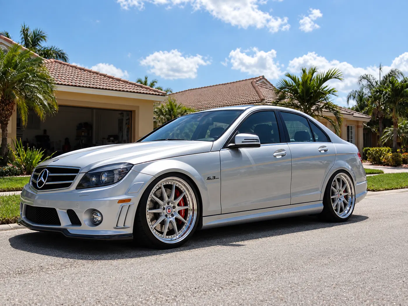 AI-generated view of a 2009 Mercedes-Benz C63 AMG with HRE Comp93 wheels