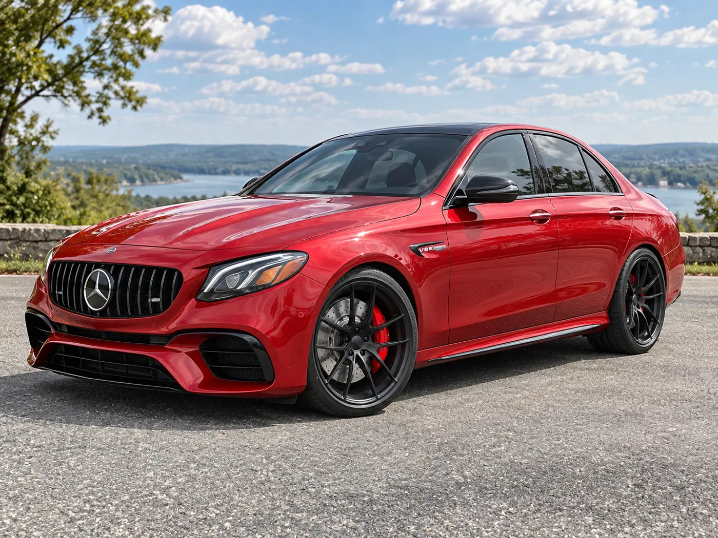 AI-generated view of a 2018 Mercedes-Benz E63 S AMG with Forgeline VX1 wheels