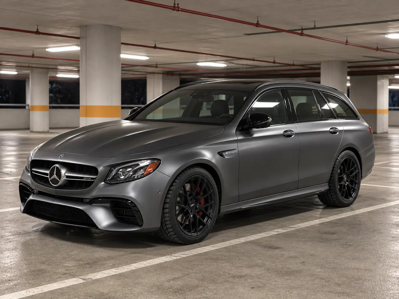 AI-generated view of a 2019 Mercedes-Benz E63 S AMG Wagon with Flow One F2 wheels