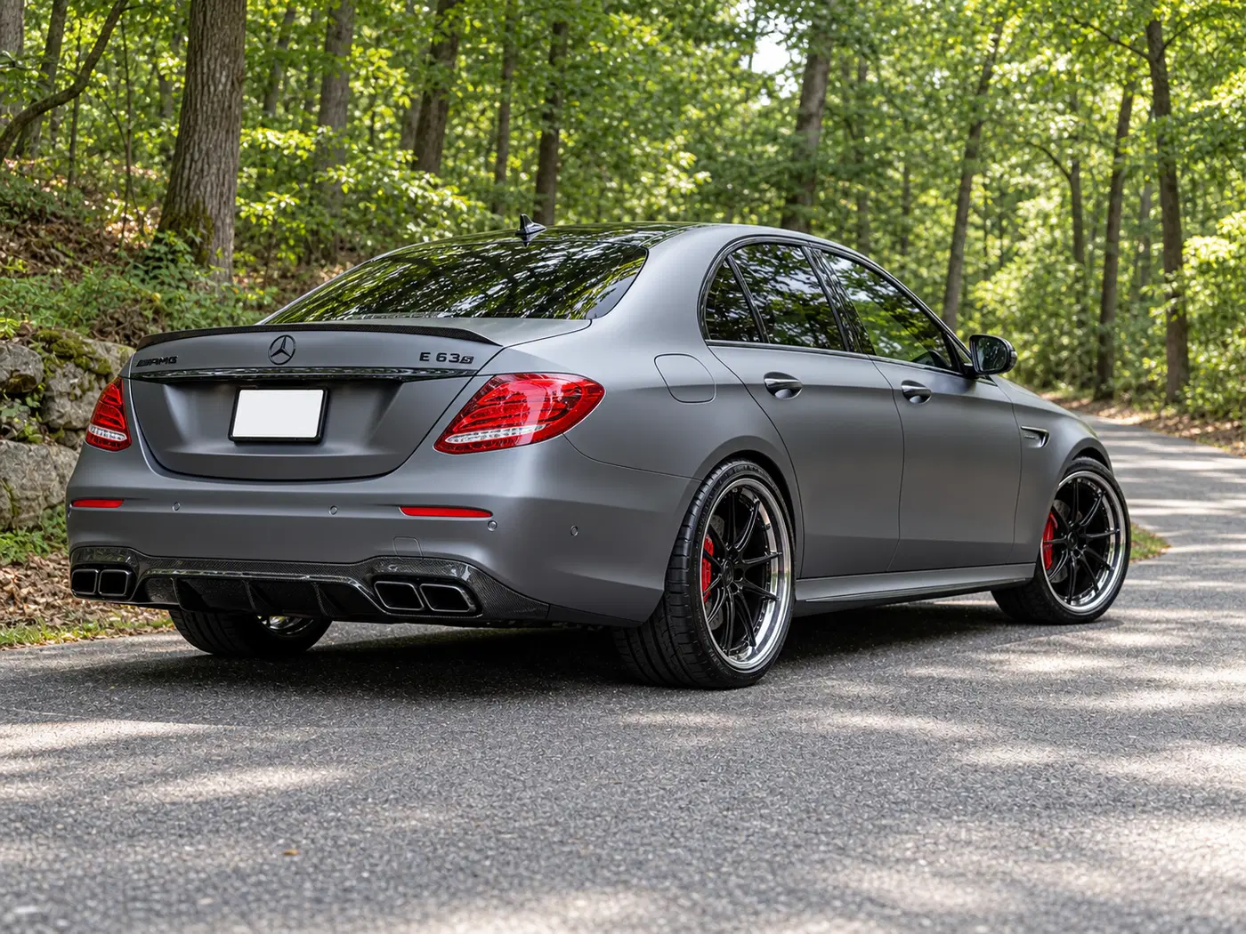 AI-generated view of a 2019 Mercedes-Benz E63 S AMG with Forgeline RB3C-SL wheels