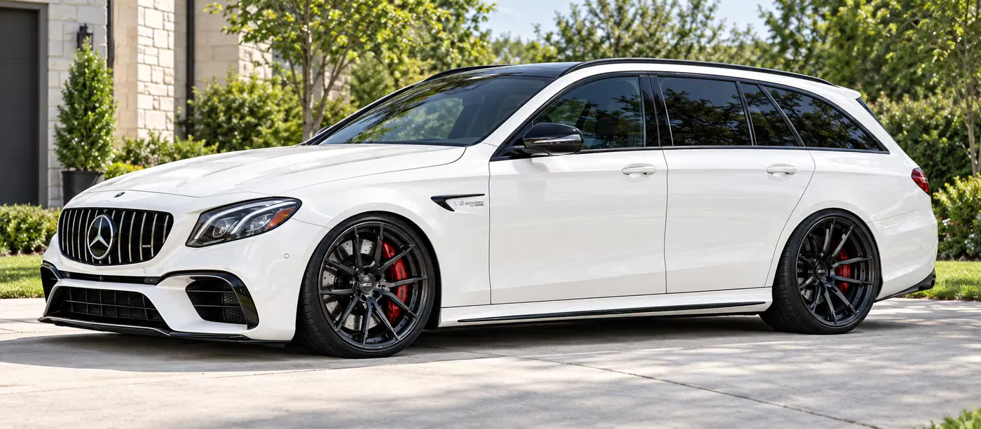 AI-generated view of a 2018 Mercedes-Benz E63 S AMG Wagon with BC Forged HCA162 wheels