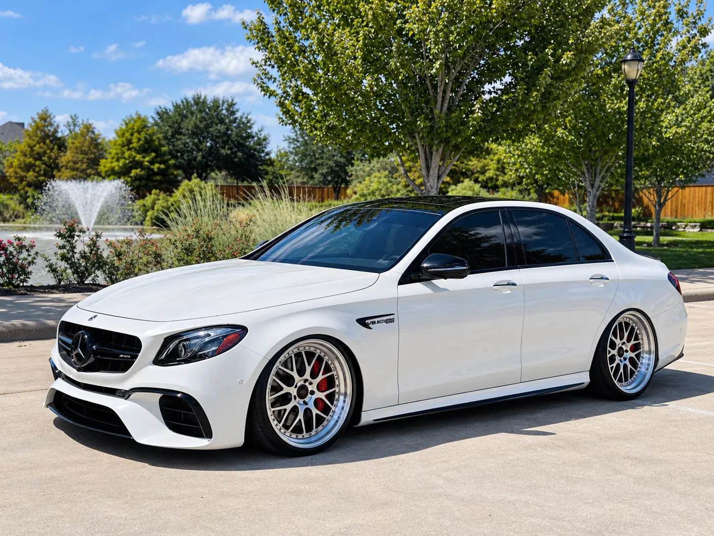 AI-generated view of a 2019 Mercedes-Benz E63 S AMG with Triumph Performance Custom three-piece wheels