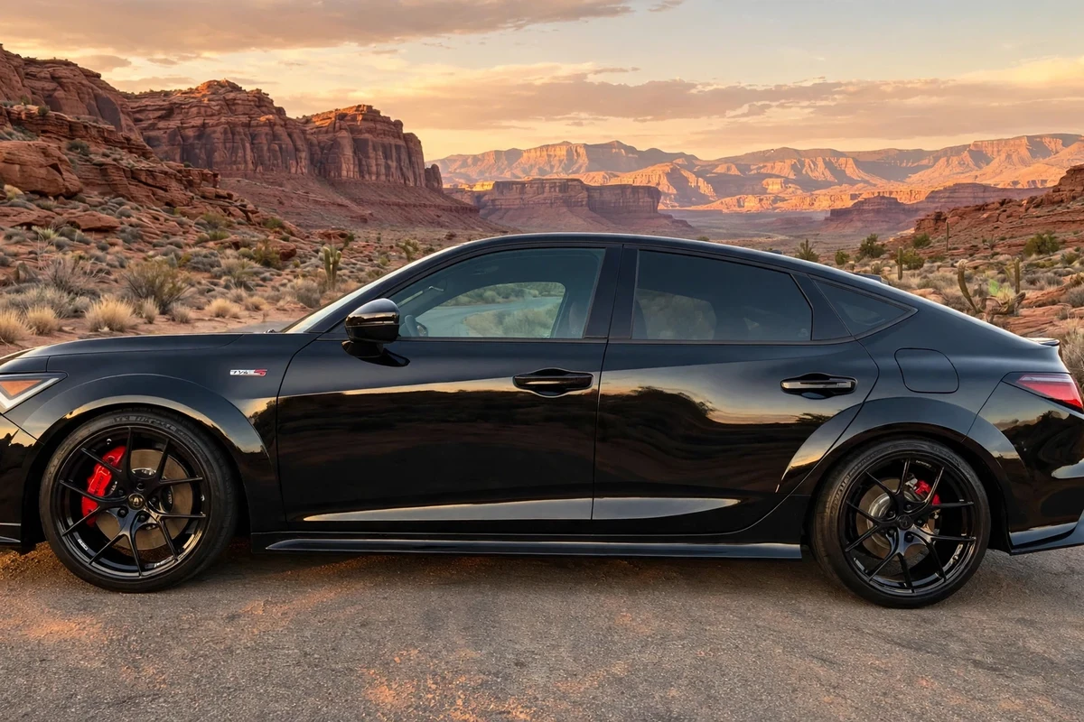 AI-generated view of a 2025 Acura Integra Type S with Titan7 T-S5 wheels