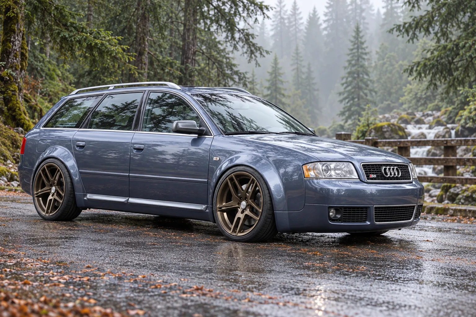AI-generated view of a 2003 Audi S6 Avant with Rotiform SNA wheels