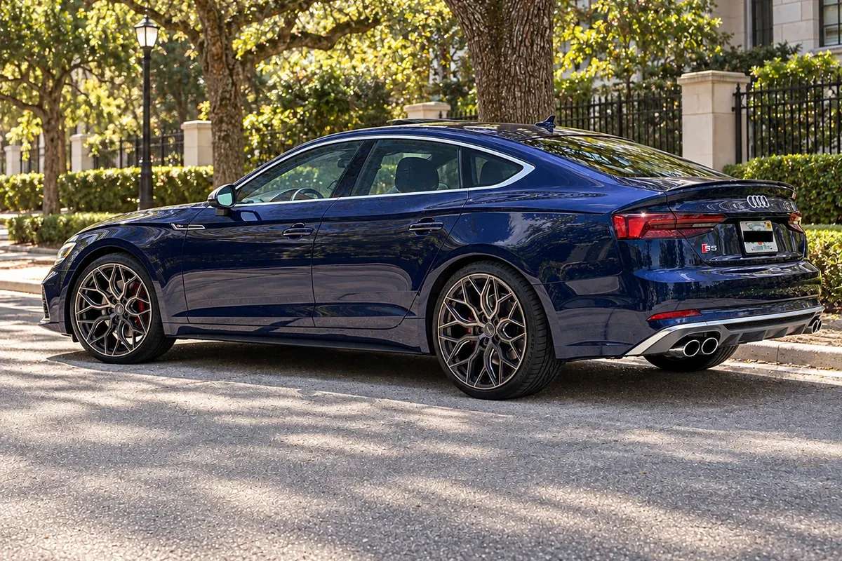AI-generated view of a 2018 Audi S5 Sportback with Vossen HF-2 wheels
