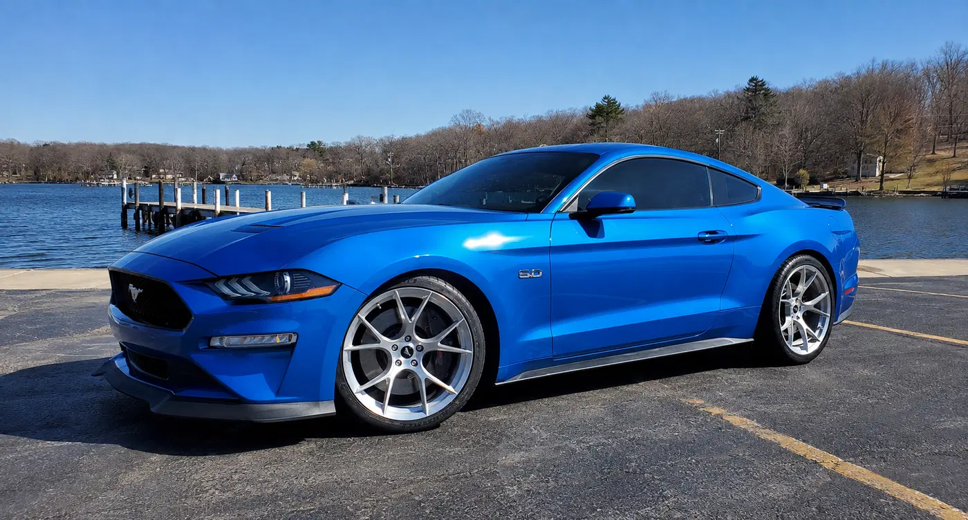 AI-generated view of a 2019 Ford Mustang GT with Project 6GR Ten wheels