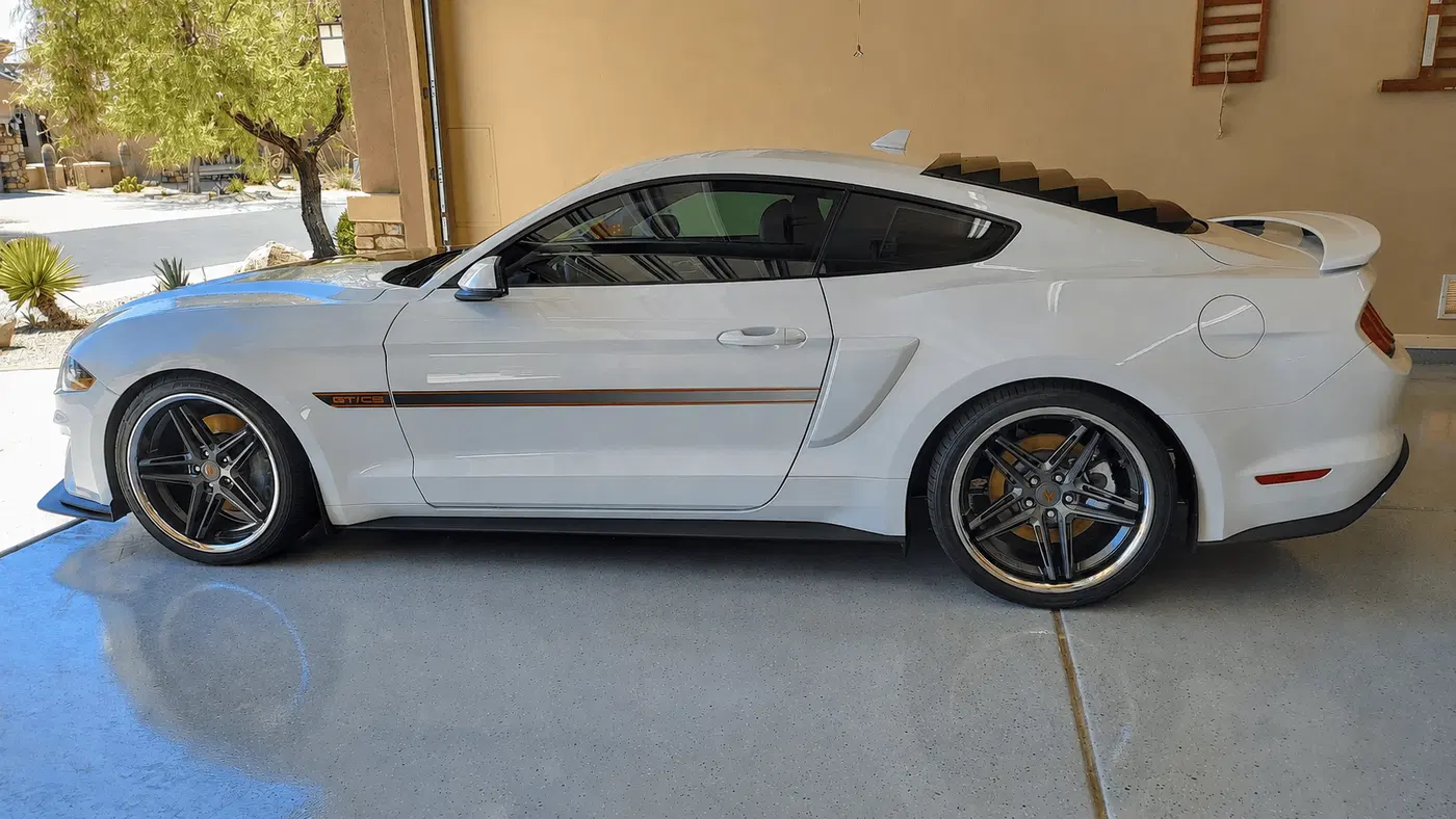 AI-generated view of a 2020 Ford Mustang GT California Special with Ferrada CM1 wheels