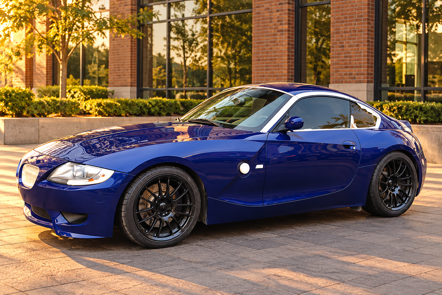 AI-generated view of a 2006 BMW Z4 M Coupe with Volk Racing Progressiv ME wheels