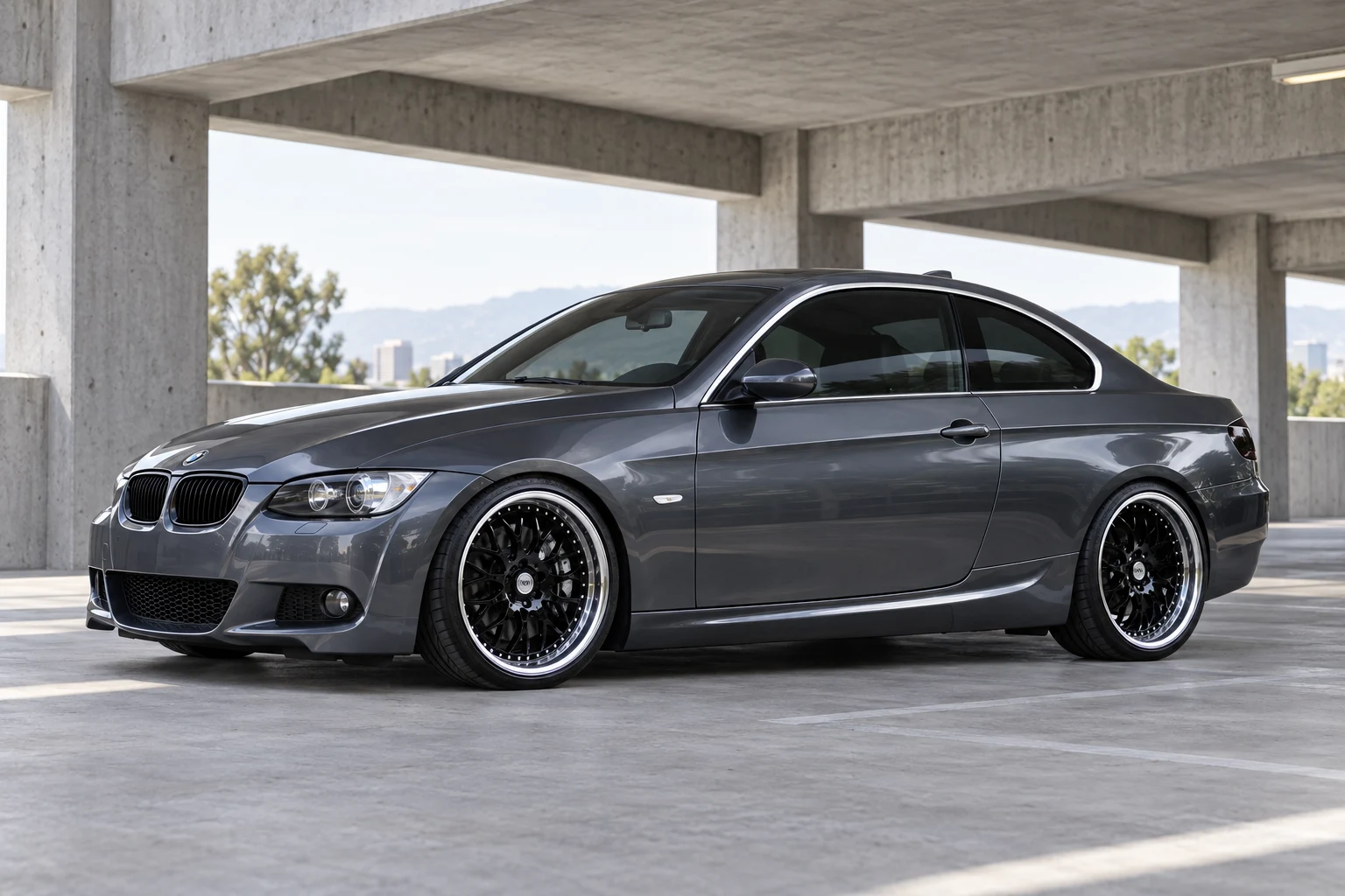 AI-generated view of a 2007 BMW 335i with iForged Essen wheels