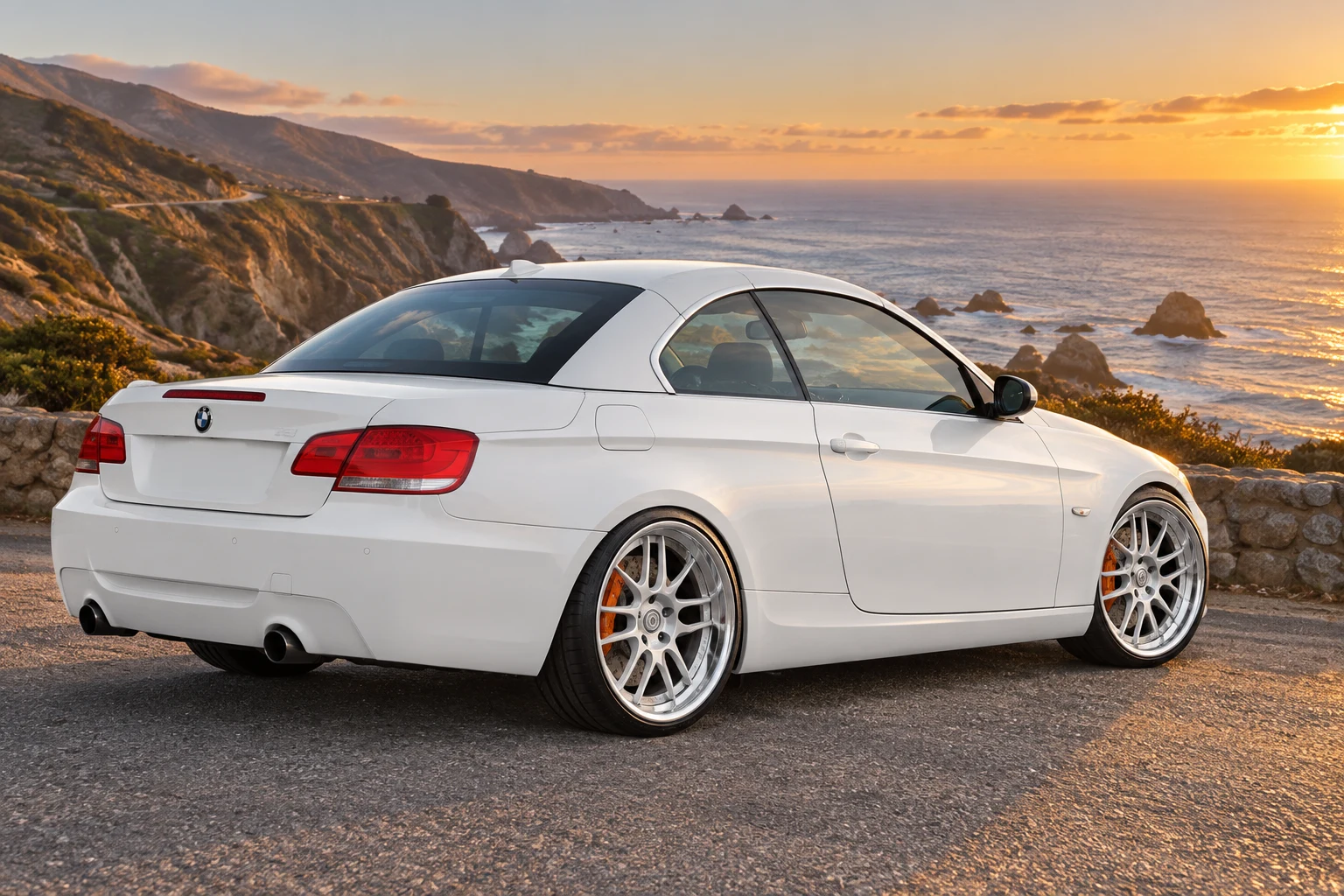 AI-generated view of a 2008 BMW 335i Convertible with DPE SP16 wheels