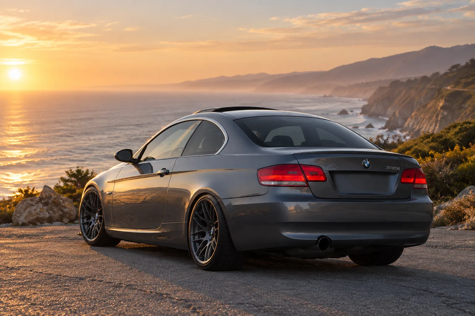 AI-generated view of a 2008 BMW 335i with VMR VB3 wheels