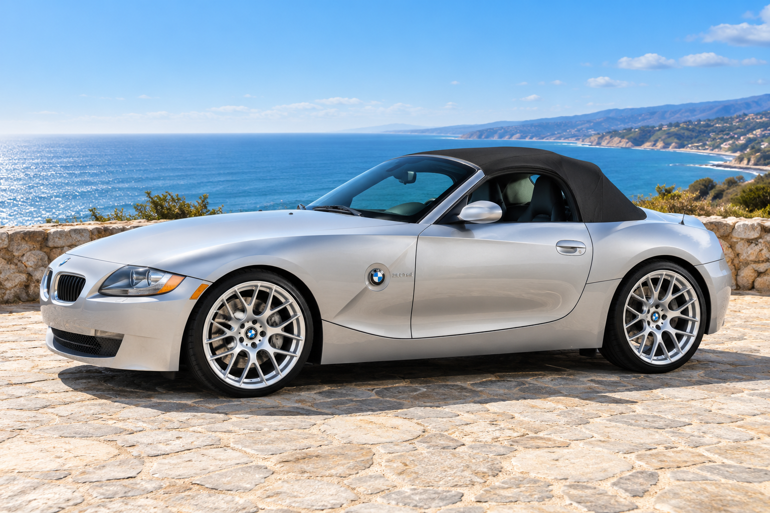 AI-generated view of a 2008 BMW Z4 3.0si Roadster with VMR V810 wheels