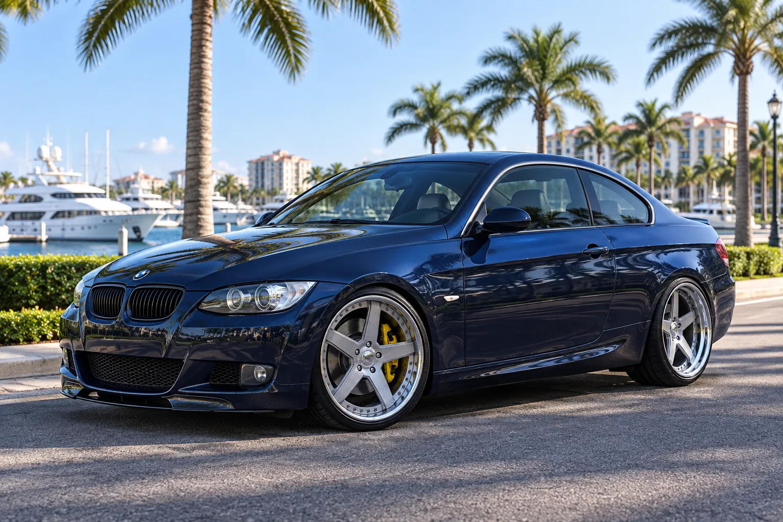 AI-generated view of a 2009 BMW 335i with Sevas Forged R5 wheels