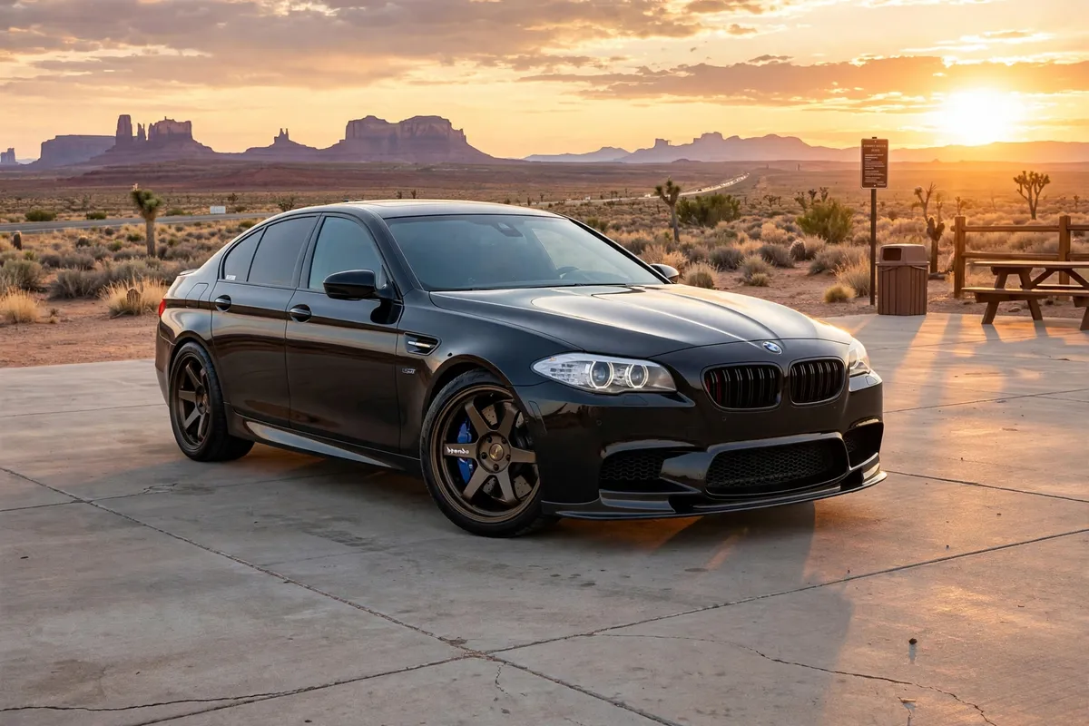 AI-generated view of a 2013 BMW M5 with Volk TE37 wheels