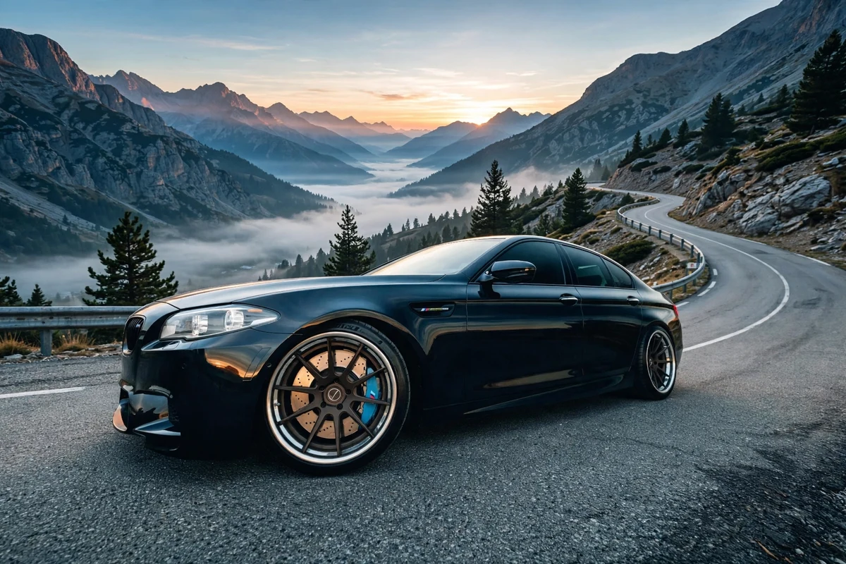 AI-generated view of a 2014 BMW M5 with Brixton Forged R10 wheels