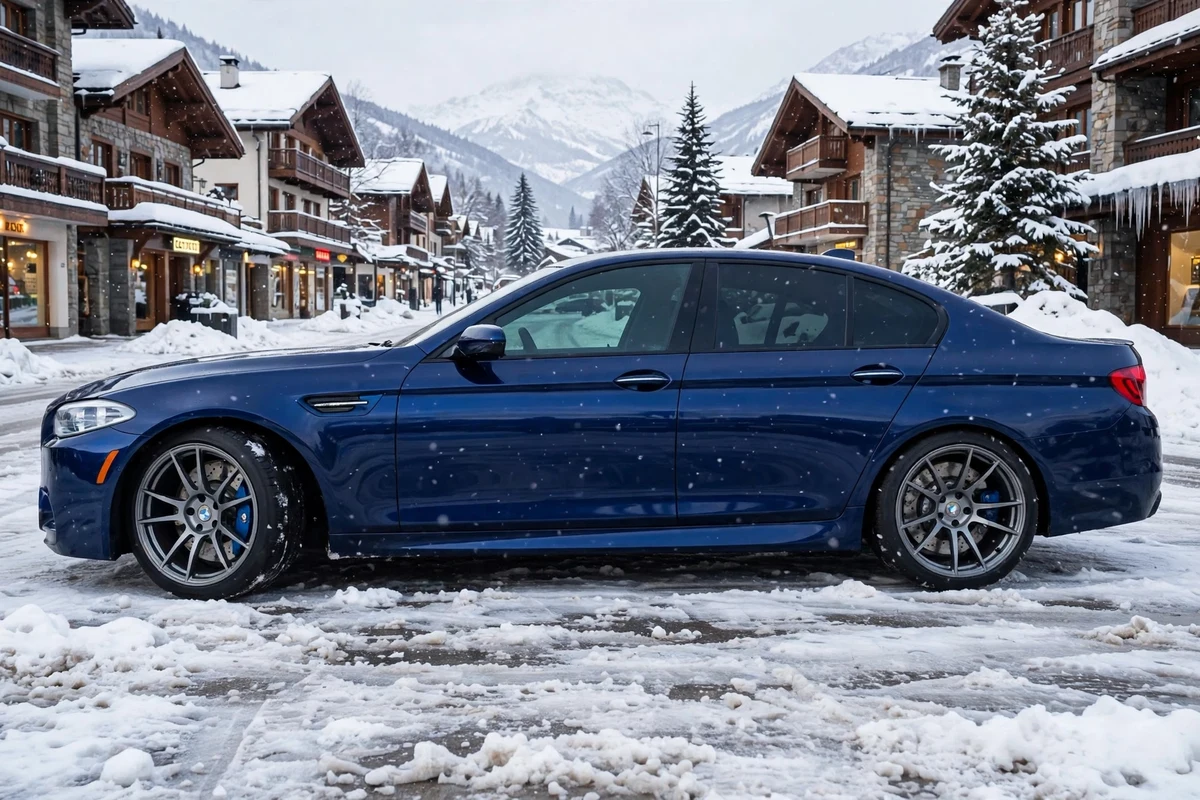 AI-generated view of a 2014 BMW M5 with HRE P44SC wheels
