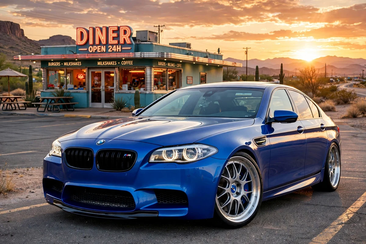 AI-generated view of a 2014 BMW M5 with BBS LM-R wheels