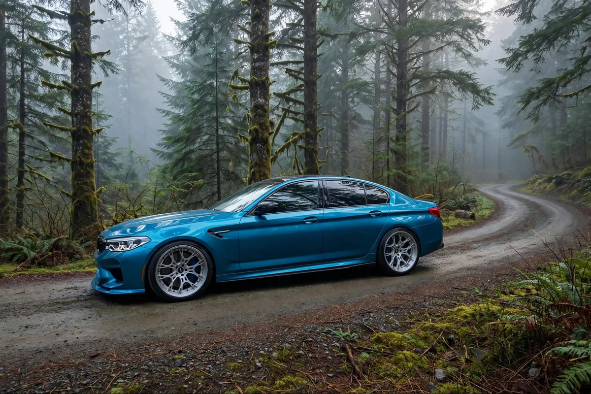 AI-generated view of a 2019 BMW M5 Competition with Dillinger MM1 wheels