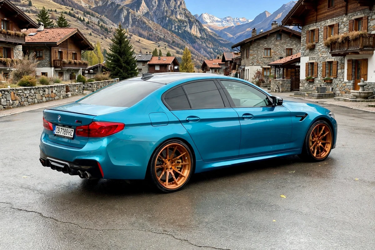 AI-generated view of a 2019 BMW M5 Competition with Rennen R60 wheels