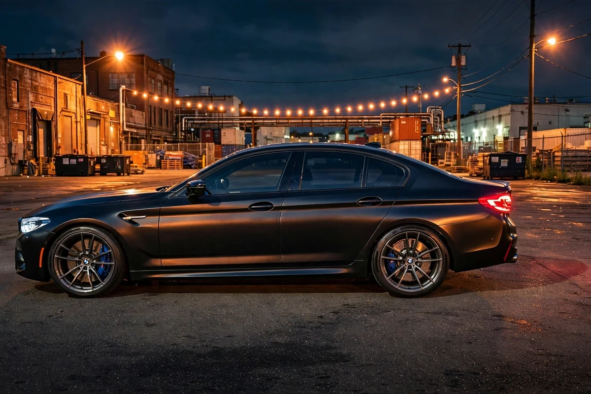 AI-generated view of a 2019 BMW M5 Competition with ANRKY AN14 wheels