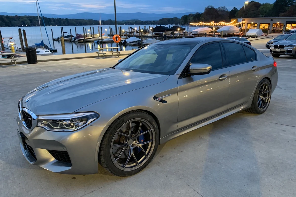 AI-generated view of a 2019 BMW M5 with Titan 7 T-S5 wheels