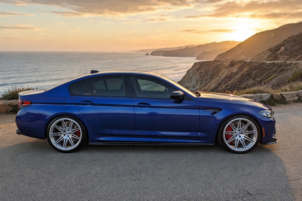 AI-generated view of a 2021 BMW M5 Competition with HRE N/A wheels
