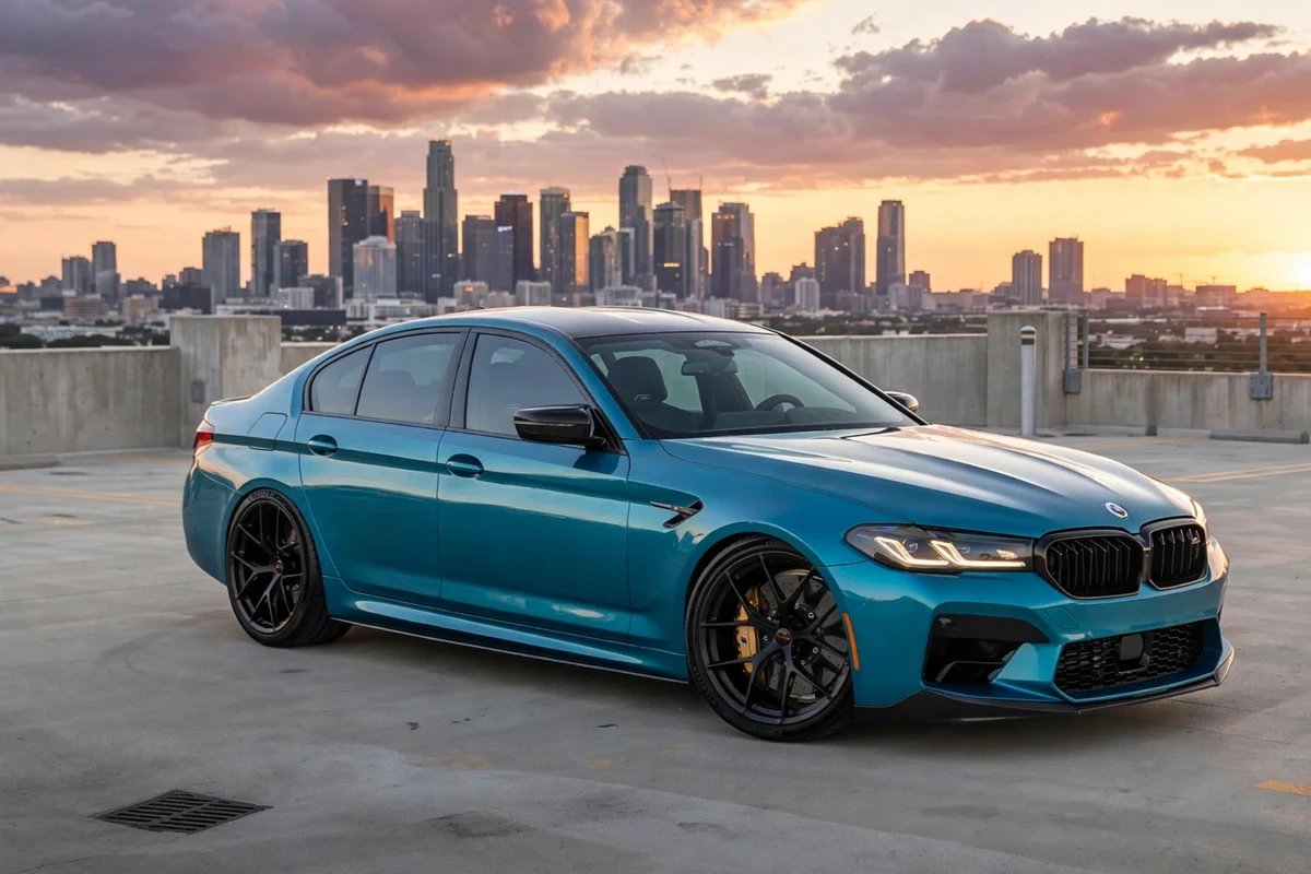 AI-generated view of a 2023 BMW M5 with BBS Fi-R wheels