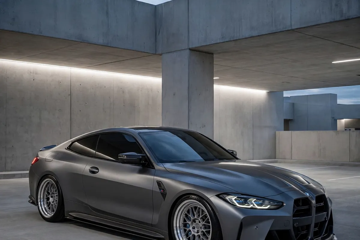 AI-generated view of a 2024 BMW M4 Competition xDrive with BC Forged MHE 28 wheels