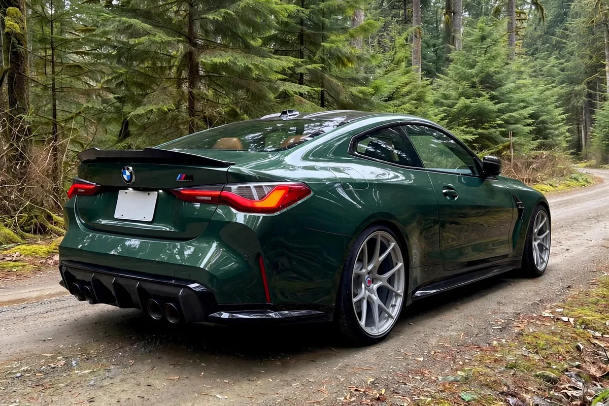 AI-generated view of a 2024 BMW M4 Competition xDrive with HRE 521M wheels