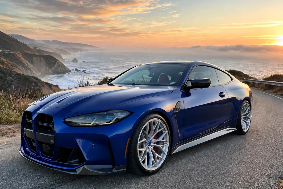 AI-generated view of a 2024 BMW M4 Competition xDrive with VTForged RS-20 Monoblock wheels