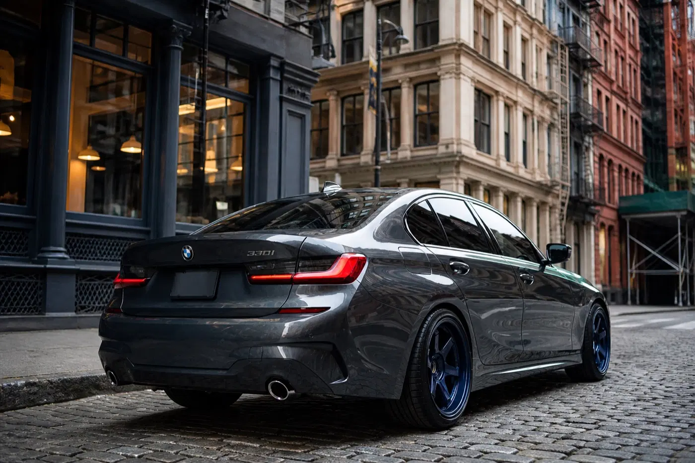 AI-generated view of a 2020 BMW 330i xDrive M Sport with Volk Racing TE37 wheels