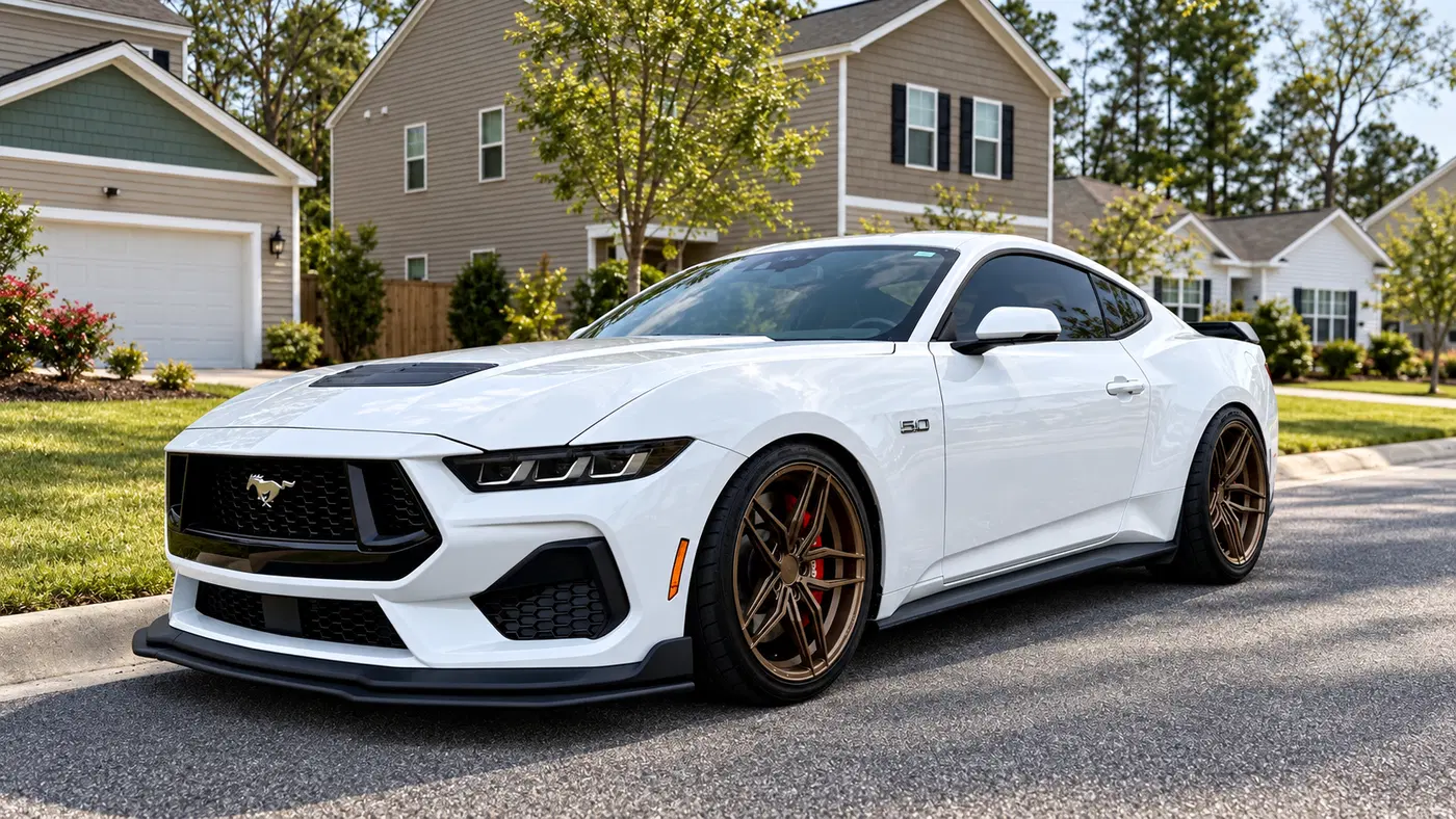 AI-generated view of a 2025 Ford Mustang GT Premium with Ferrada FR5 wheels