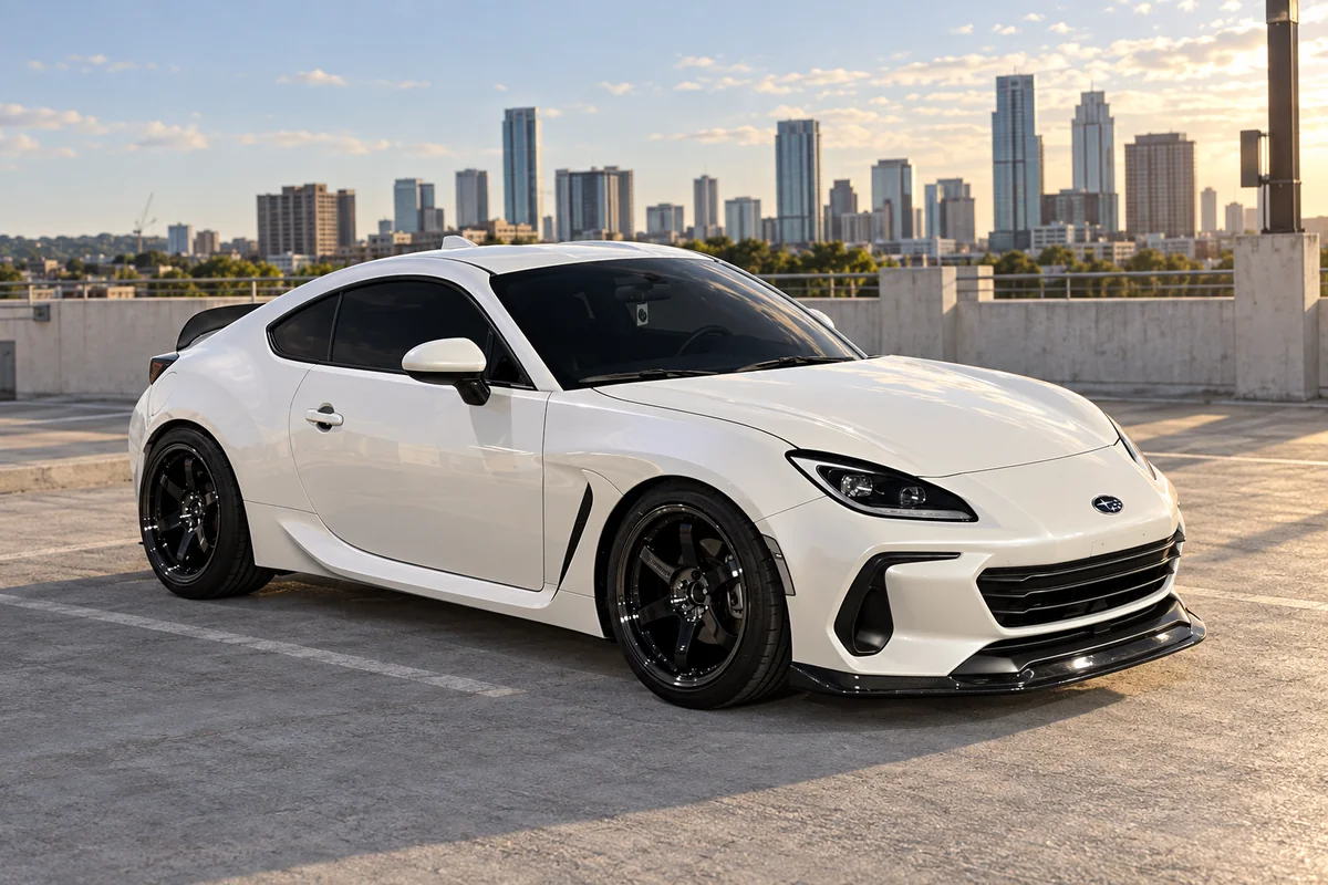 AI-generated view of a 2022 Subaru BRZ with Volk Racing TE37SL wheels