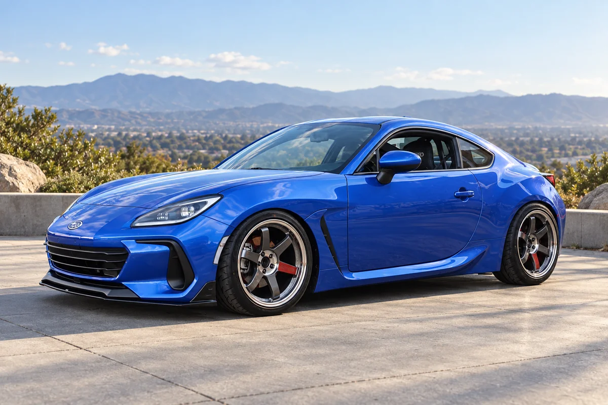 AI-generated view of a 2022 Subaru BRZ with Volk Racing TE37SL wheels