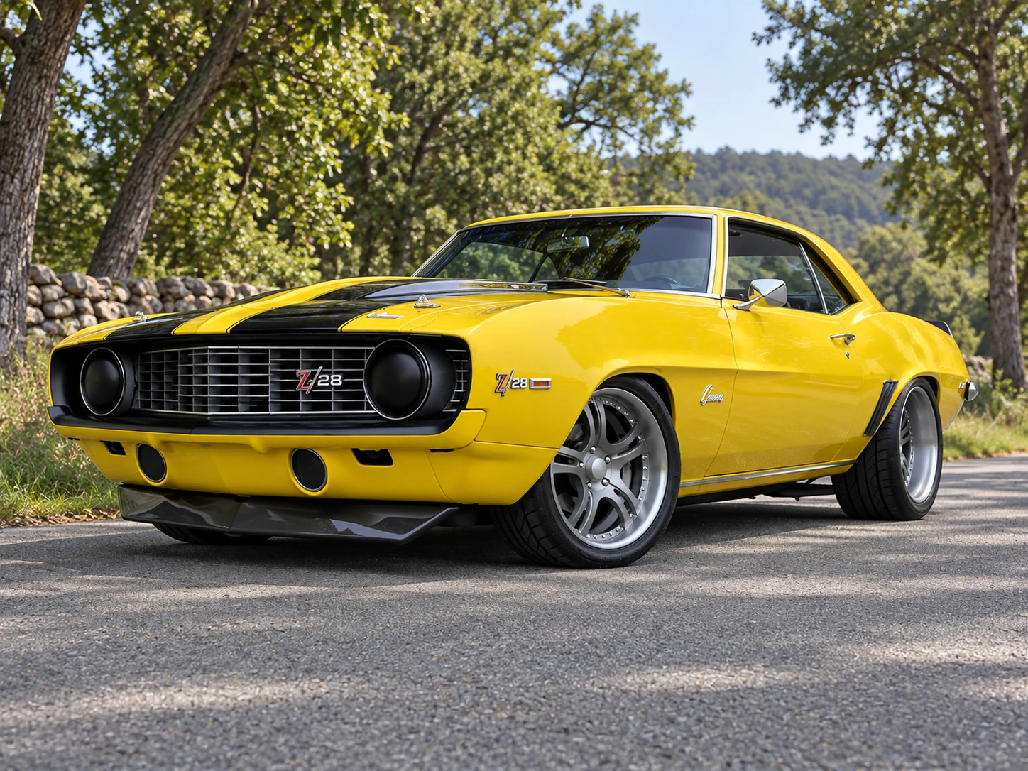 AI-generated view of a 1969 Chevrolet Camaro Z/28 with Rushforth SuperSpoke wheels