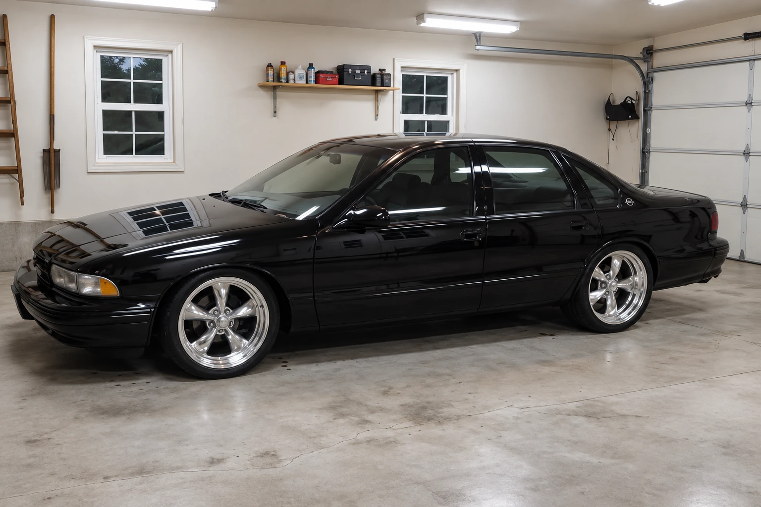 AI-generated view of a 1996 Chevrolet Impala SS with American Racing Torq Thrust II wheels